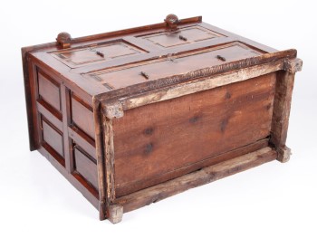 17th century spanish "taquillon" in carved walnut wood including two drawstrings with palm leaves design and three wooden drawers with geometrical marquetry.