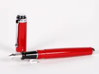 Aurora Talentum fountain pen, red lacquer with chrome trim, shown with 14K nib, SKU IB02701.