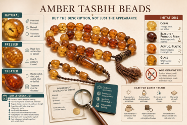 Editorial infographic comparing natural, pressed, treated, and imitation amber tasbih beads with a buyer checklist and care guidance