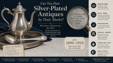 Editorial infographic showing silver-plated antique tableware, a magnified maker's mark, EPNS and EPBM labels, registration evidence, and an approximate dating range.