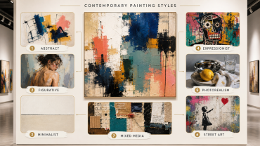 Editorial infographic showing seven contemporary painting styles: abstract, figurative, minimalist, expressionist, photorealism, street art, and mixed media