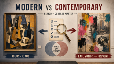 Infographic-style comparison of modern and contemporary paintings, showing different art styles, timelines, and a date-and-context checklist