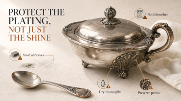 Editorial infographic showing an antique silver-plated teapot, gentle care steps, and warnings against abrasive cleaning, dishwasher heat, soaking, and polishing damaged plating.