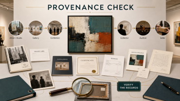 Editorial infographic showing a contemporary painting with a documented provenance trail from artist studio through gallery, exhibition, collector, auction, and seller, alongside certificates, invoices, catalogues, photographs, and a magnifying glass.