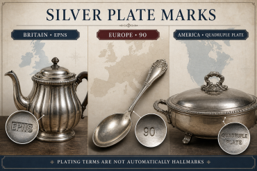 Editorial infographic comparing British EPNS, European 90, and American quadruple plate silver-plated tableware marks