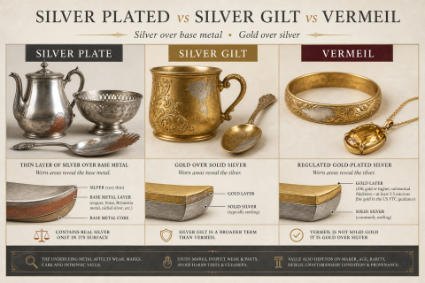 Editorial infographic comparing silver plate, silver gilt and vermeil with layered cross-sections and wear cues