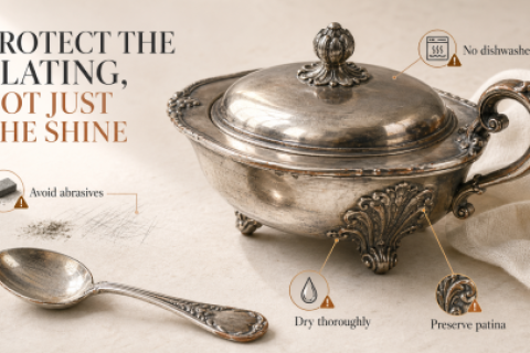 Editorial infographic showing an antique silver-plated teapot, gentle care steps, and warnings against abrasive cleaning, dishwasher heat, soaking, and polishing damaged plating.
