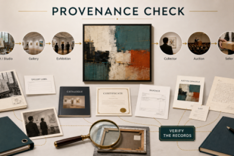 Editorial infographic showing a contemporary painting with a documented provenance trail from artist studio through gallery, exhibition, collector, auction, and seller, alongside certificates, invoices, catalogues, photographs, and a magnifying glass.