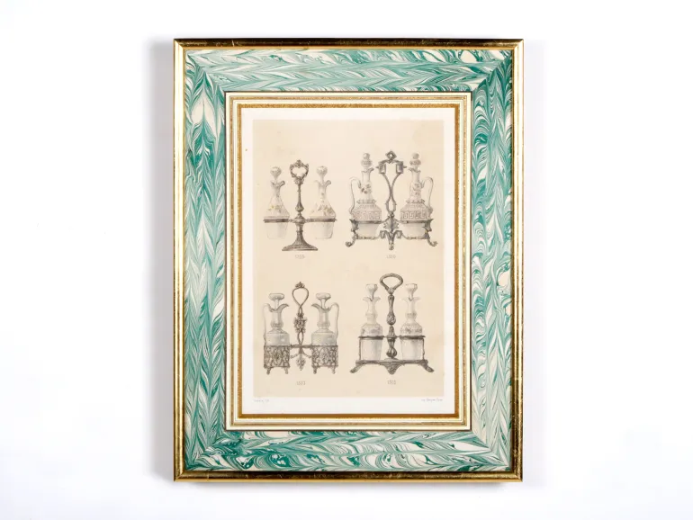 Becquet framed lithograph IB00578 showing four oil decanter holders in a gilded wood frame.