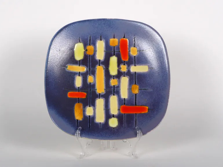 Guy Trevoux signed square ceramic plate, SKU IB01061, with abstract hand-painted blue, yellow, orange and red design.