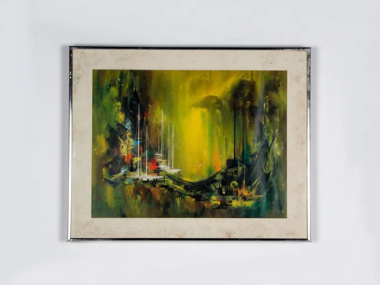 IB01186, Hans Van Lamsweerde surrealist marine lithograph in a silver frame, showing an abstract harbor scene with boats and yellow-green tones.