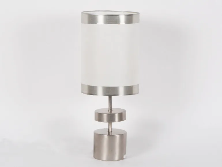 Chrome steel lamp base, SKU IB01200, with cylindrical brushed metal sections and original shade.