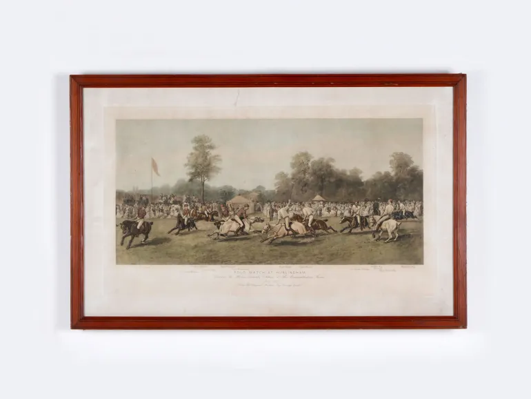 Framed 1877 George Earl "Polo Match at Hurlingham" print, SKU IB01399, showing polo players on horseback in a field.
