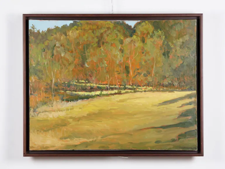 IB01850, Vladimir Tchernychev, framed oil on canvas landscape with trees and a sunlit field.