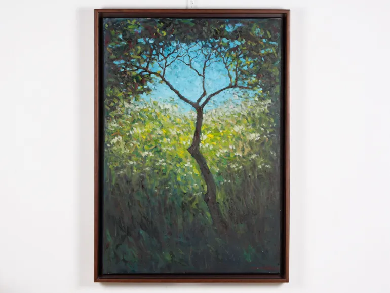 Vladimir Tchernychev, IB01852: framed oil painting of a lone tree against a blue sky, "Le Vieux Prunier".
