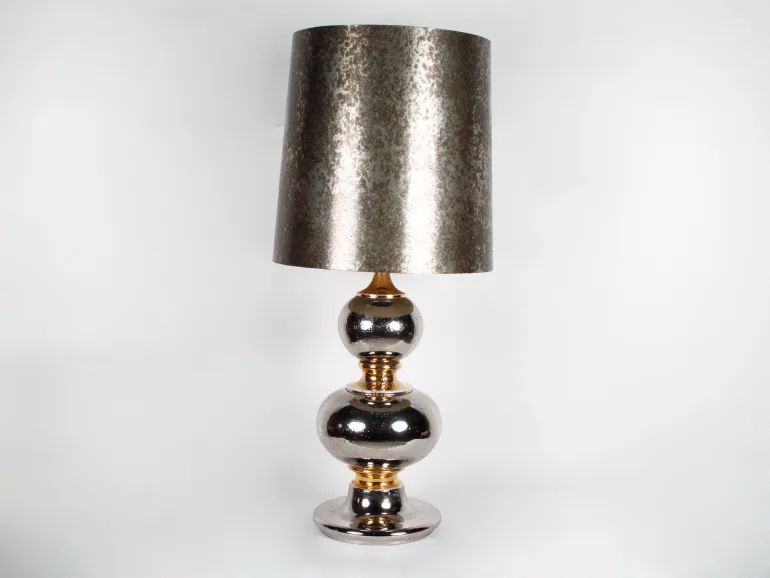 SKU IB01916: 1960s ceramic lamp base with two silver and gold spheres and a large silver shade.