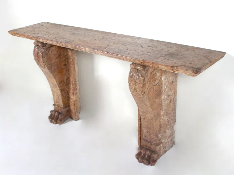 IB02044 18th-century Brocatelle marble console table with rectangular top and claw feet, shown in a studio view.