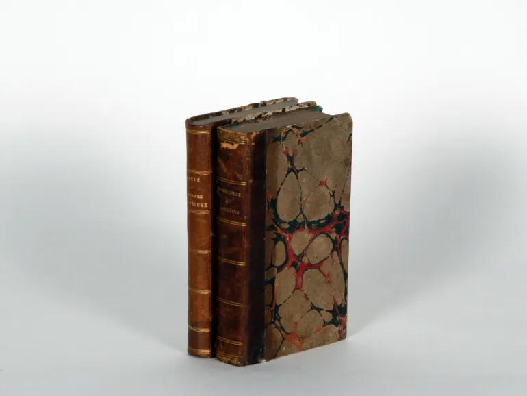 SKU IB02257: كتابان من القرن التاسع عشر بغلاف جلدي ومغلف رخامي، موضوعان جنبًا إلى جنب.