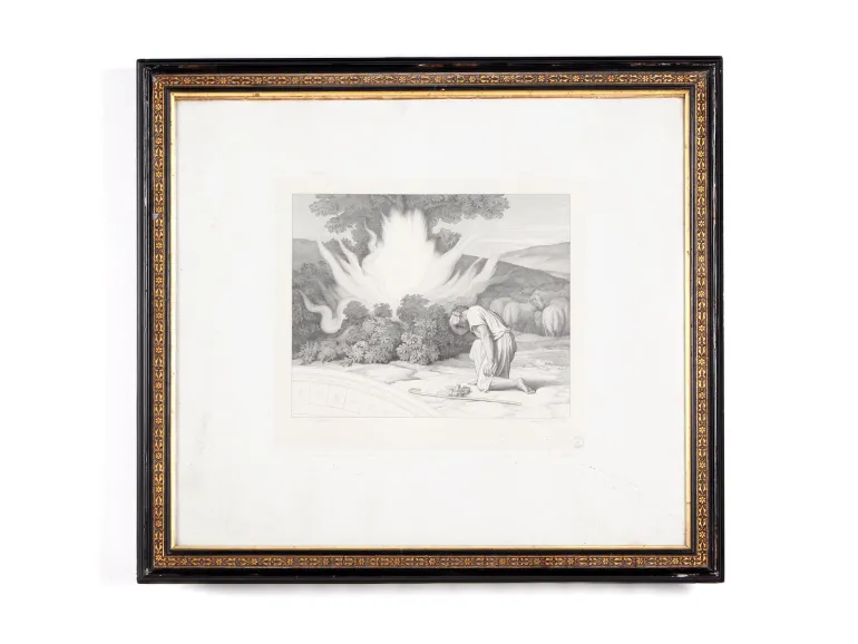 Framed 19th-century engraving of Moses and the burning bush by Hippolyte Flandrin, SKU IB02629.