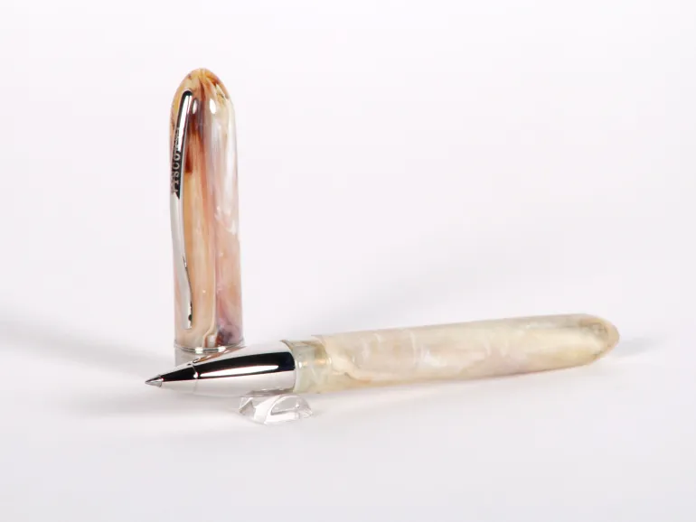 Visconti Van Gogh roller pen, IB02637, with marbled ivory and honey finish and silver trim, shown with cap and pen body on a white background.
