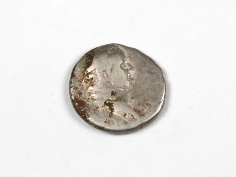 SKU IB03362 : pièce romaine en argent de Vespasien, usée, photographiée sur fond blanc.