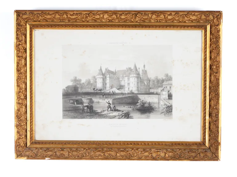 IB04354 lithograph of Château de Mesnières in a gilded wooden frame, showing a castle scene with figures and a river.