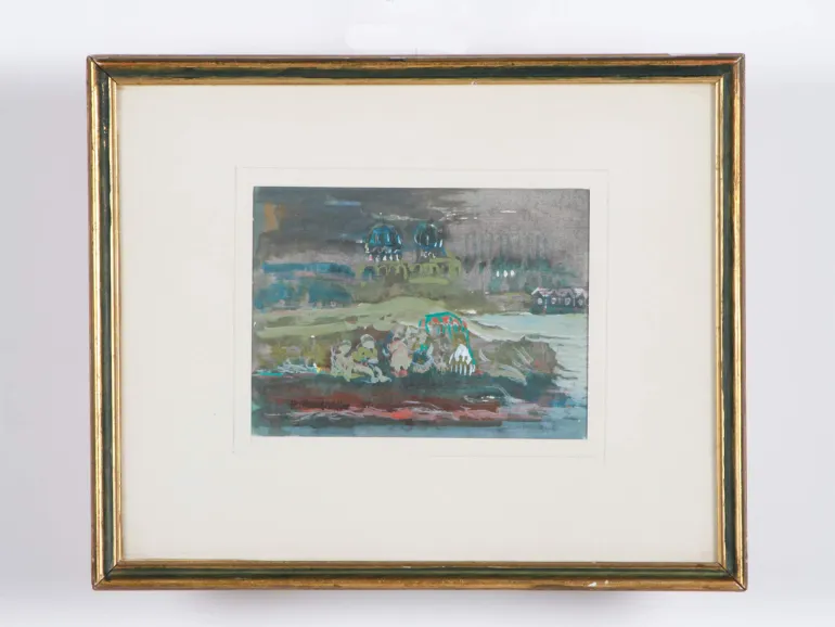 Aquarelle de Georges Roudneff « La Plage », SKU IB04372, œuvre encadrée montrant une scène de plage abstraite aux tons bleu, vert et brun.