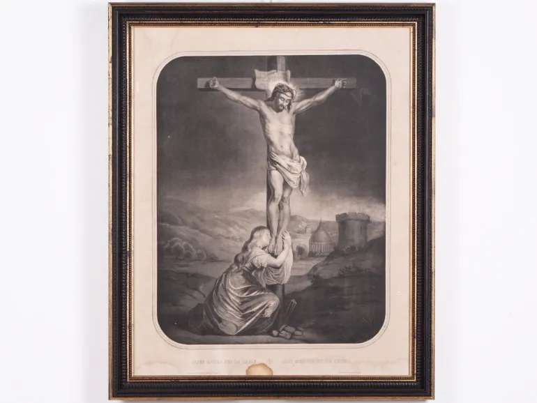 Framed 19th-century engraving "Jésus Meurt sur la Croix" (SKU IB04376) showing Jesus crucified with Mary Magdalene at his feet.