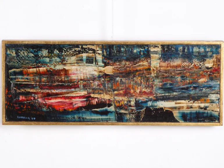 SKU IB04390, huile abstraite sur panneau de Marvin Kanarek, signée et datée 1964, avec couches de bleu, rouge, noir et beige dans un cadre doré.