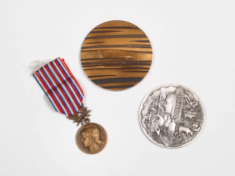 Three bronze medals, SKU IB04483: one striped round medal, one silver-toned medal, and one medal with a red, white, and blue ribbon.