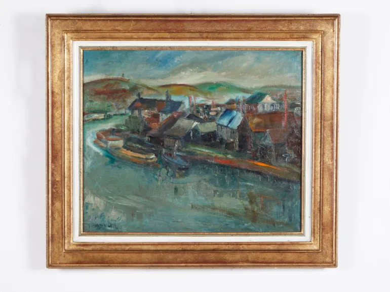 Georges Cyr, IB04552: oil painting of La Seine à l'île Lacroix in a gilded wooden frame, showing a riverside village and boats.