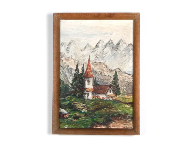 IB04553, Paul Saling, huile encadrée d’une maison de montagne avec sommets alpins et sapins.