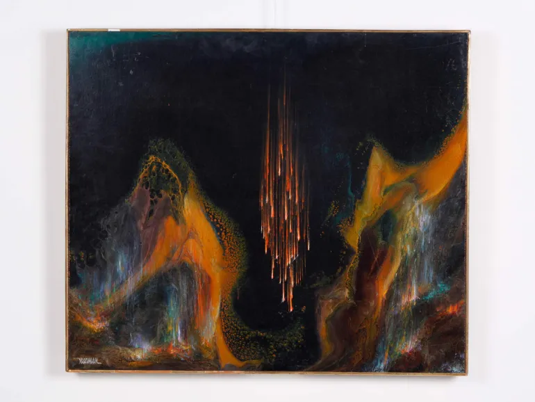 Leonardo Nierman, « Magic Fire » (SKU IB04581), peinture abstraite à l’huile dans un cadre en bois doré, fond sombre avec formes orange, bleues et dorées.