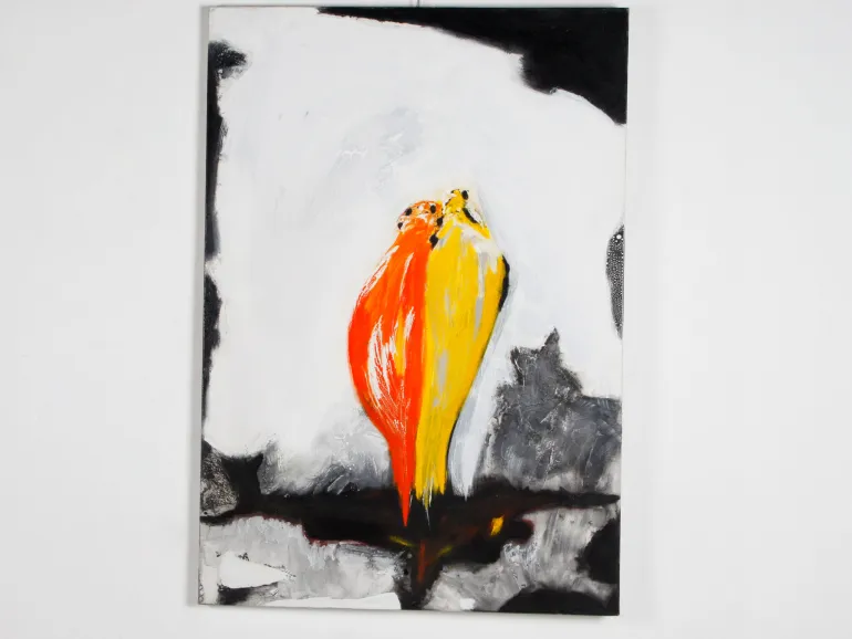 Richard Begyn, IB04585, huile abstraite montrant deux oiseaux colorés au centre sur une toile noire, blanche, grise et orange.