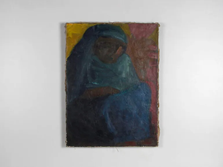 SKU IB04951, Ardash Kakafian, "La Vieillesse": dark expressionist oil painting of a seated figure in blue and black tones on canvas.