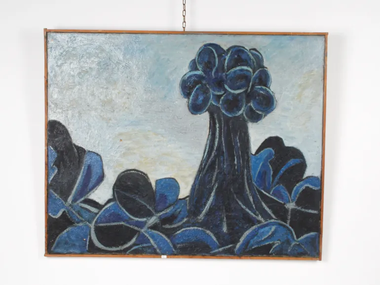 IB05143, Gino Gregori, « Baobab Bleu » huile sur toile : formes abstraites bleues et noires avec une grande forme centrale évoquant un arbre.