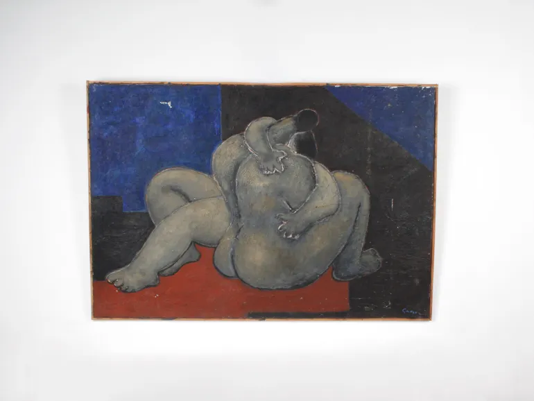 Gino Gregori, Le Couple, IB05145 : huile sur toile montrant un couple nu abstrait enlacé sur fond bleu, noir et rouge.