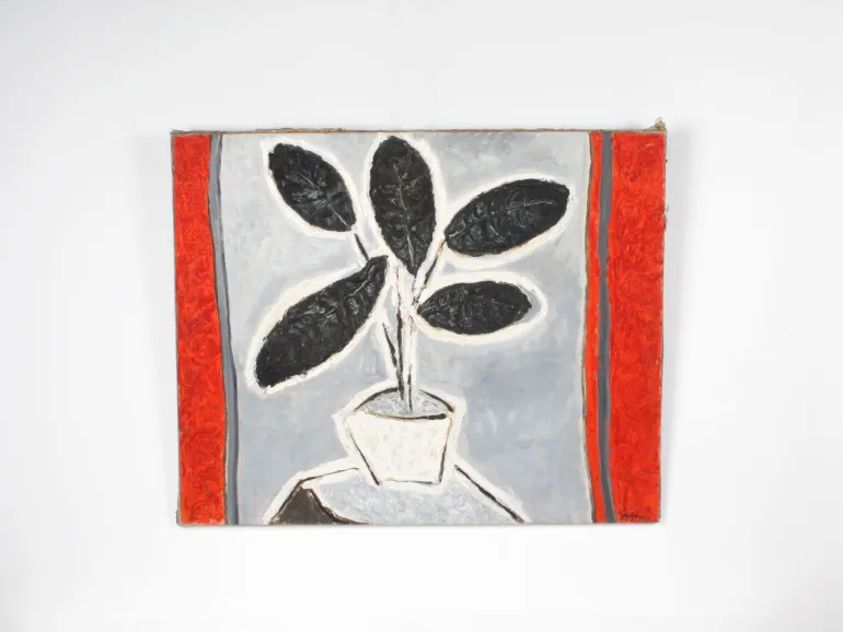 Gino Gregori, Plante en Pot, IB05146: abstract oil painting of a potted plant with black leaves, gray background, and red side borders.