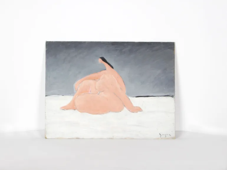 Gino Gregori, Femme Assise, IB05151 : huile sur panneau montrant une figure nue assise sur fond gris, signée Gregori.