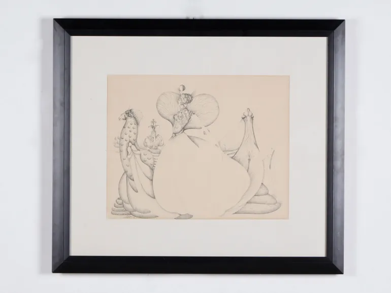 SKU IB05269، رسم بالحبر الصيني لجوليانا سيرافيم داخل إطار خشبي أسود، يُظهر تركيبة تجريدية سريالية.
