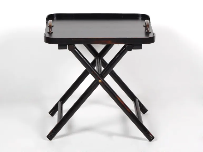 Hanbel wood low folding table, SKU IB05630, with dark tray top, metal handles, and crossed folding legs.