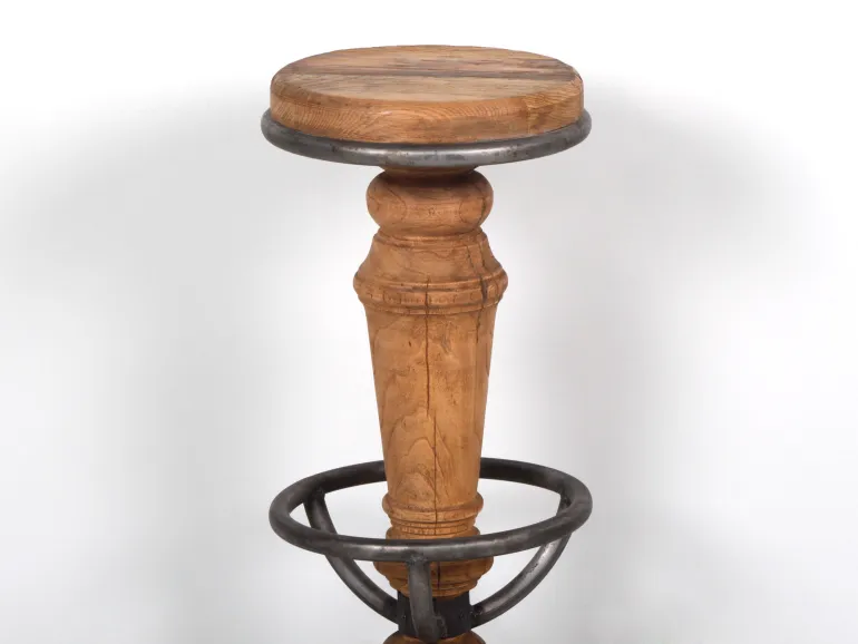 Hanbel IB05632 bar stool in solid wood with brushed grey metal footrest, shown on white background.