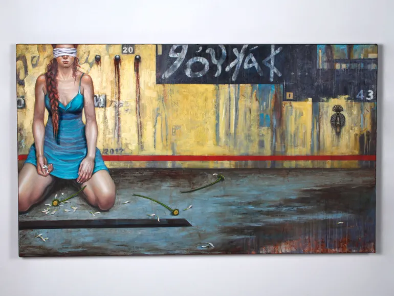 Rita Adaimy, "Boukra" (SKU IB06802): hyperrealistic oil painting of a blindfolded woman in a blue dress against an industrial street-like background.