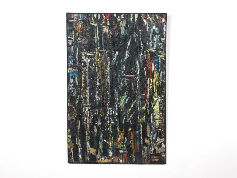 Claude Jouhanneau abstract composition, 2003, IB07237; dark textured painting with vertical streaks of color on canvas.