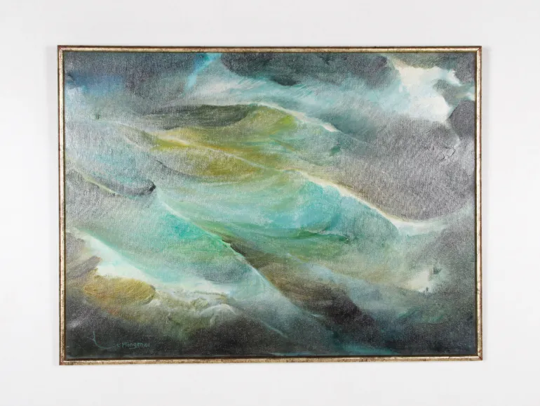 Frits Vertongen, IB07243 : peinture abstraite encadrée à l’huile, tons verts, bleus et gris, signature visible.