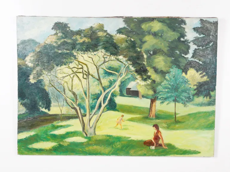 Maurice Mante, SKU IB07250: oil on canvas of a mother and child in a park, signed and dated 1958.