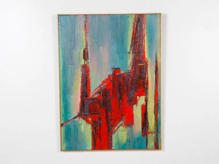 Maurice Mante, composition abstraite géométrique en rouge, bleu et vert, signée 1983, SKU IB07251.