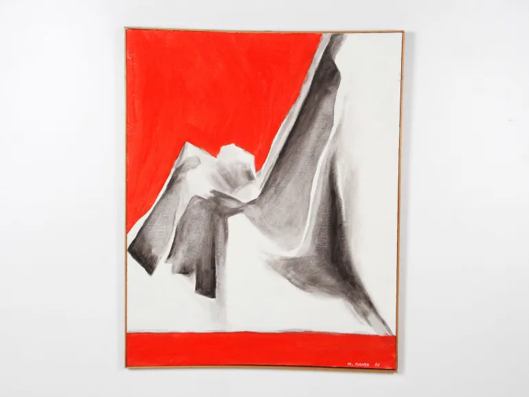 Maurice Mante abstract geometric painting in red, white and gray, signed and dated 1983, SKU IB07252.