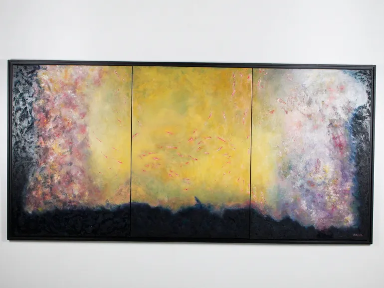 Cosmina Ene, Wonder Far, SKU IB07275: framed triptych abstract painting with yellow center, pink and white side areas, and dark lower band.