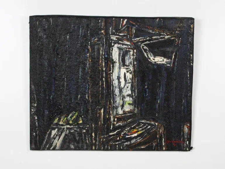 Claude Jouhanneau abstract painting, SKU IB07277, dark textured composition with white and color accents on canvas.